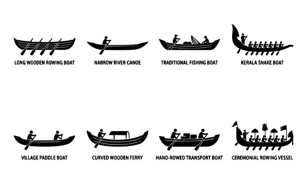 Traditional Indian rowing boat silhouette vector set with wooden river and heritage nautical icons