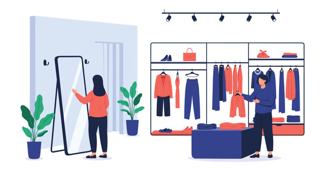 Stylish women browsing and trying on clothes in a modern fashion boutique with organized racks, mirrors, and fitting rooms.