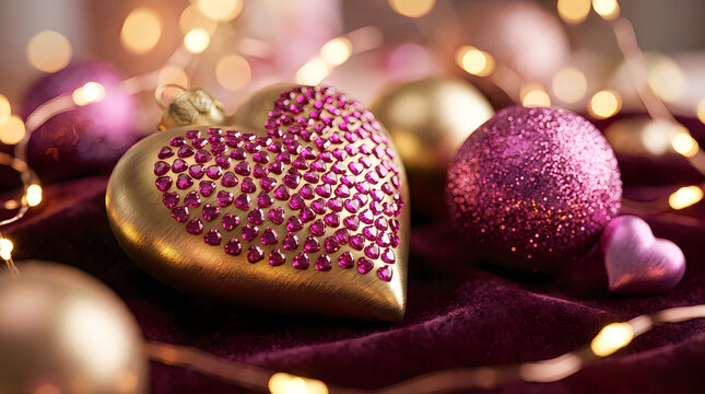 Elegant gold heart ornament with pink jewels and glittery christmas baubles on velvet, ornament