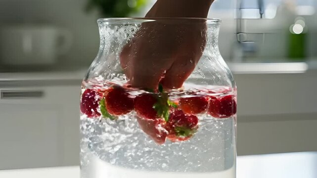 Hand placing fresh strawberries into a glass pitcher of water.
