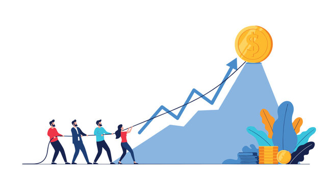 Ambitious business team works together pulling a rope to move a large gold coin up a steep blue growth chart arrow for financial gain.