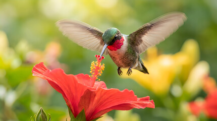 Fototapeta premium Ruby-throated hummingbird hovering to feed from a red flower with bright soft focus background