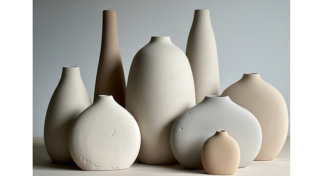 A collection of modern minimal ceramic vases in neutral pastel colors for home interior decoration
