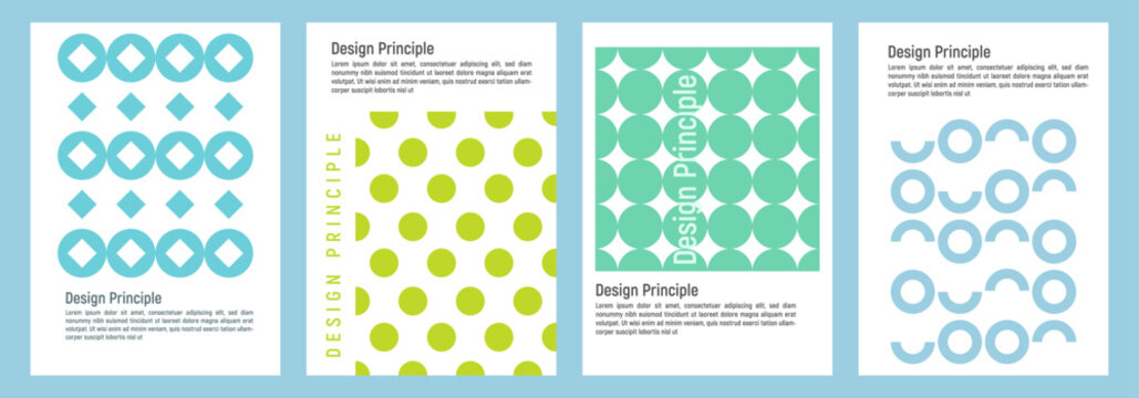 Set of four modern design principle posters with abstract geometric patterns and shapes in green blue and grey colors for creative branding and artistic layout inspiration concepts