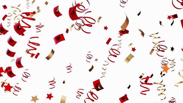 Falling confetti in red and black colors shows Albania's national flag. The animation represents a celebration of national pride and independence day, showcasing a lively display