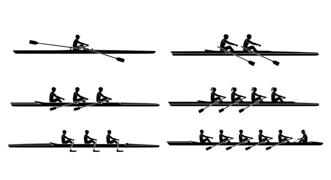 Rowing Silhouettes: Single Scull, Double Scull, Quad, Four, Eight