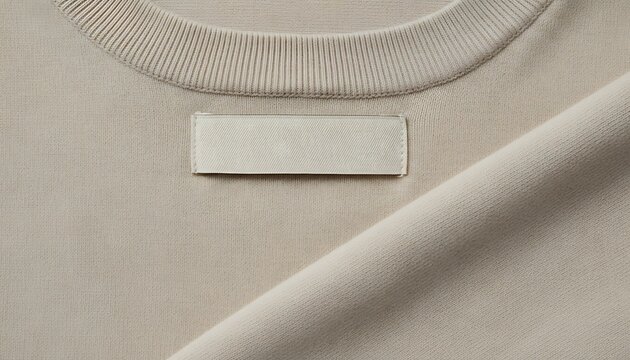Close-up of a blank clothing label on a beige knitted garment.