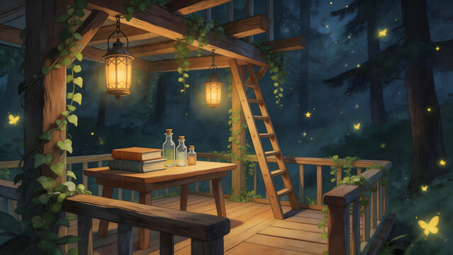 Wooden treehouse in forest at night