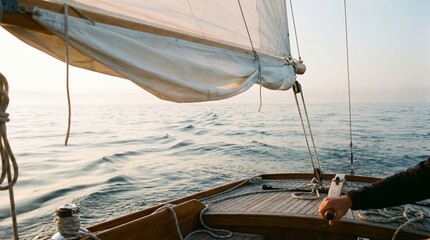 Fototapeta premium Sailing boat, sailboat on water, ocean sailing, wooden sailboat