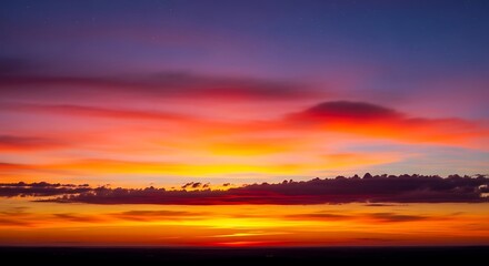 Fototapeta premium Vibrant Sunset Sky Glowing Over Dark Horizon with Colorful Clouds