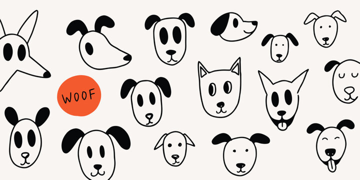 A light-background pattern of simple black line dog faces, each with different ear shapes and expressions. An orange circle near the center-left contains the handwritten word WOOF.