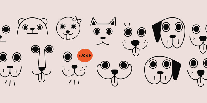 A cute illustrated banner featuring various cartoon animal faces mostly dogs with big round eyes and tongues out, plus a panda, a cat, and a seal/bear with a bow. One dog has an orange speech bubble