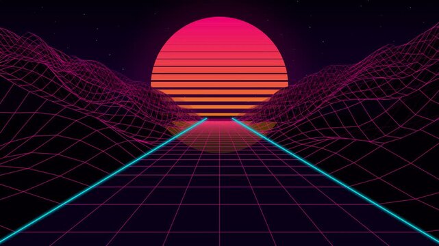 Retro digital landscape with sun lines and grid background concept