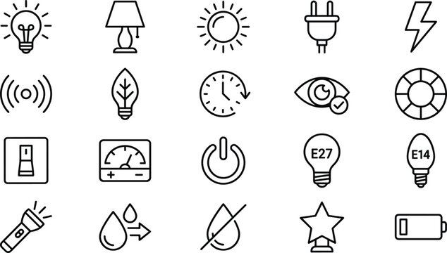Lighting Properties and Electrical Specifications Line Icon Set Featuring Lamp Power Dimmer and Bulb Symbols