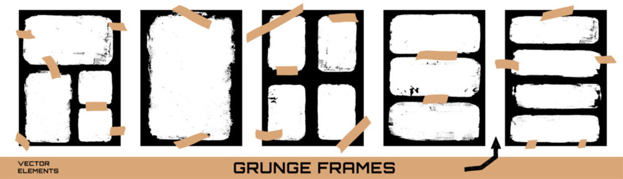 Frame and collage rectangle photo card with grunge tape for worn scrapbook layout. Split frame element with brush ink edge. Vector collage set as old zine overlay pack isolated.