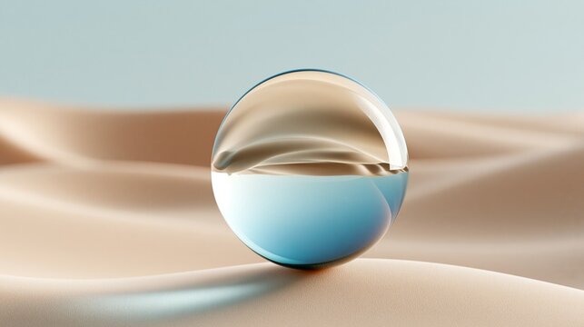 Eine transparente Glaskugel liegt auf weichen, beige-farbenen Sandd&uuml;nen vor hellem Hintergrund.