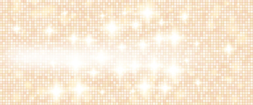 Sequin background in soft beige sparkle for wedding card. Ivory disco sequin mosaic over a gentle background by warm light. Vector party backdrop with mirror tile texture in neutral beige colors.