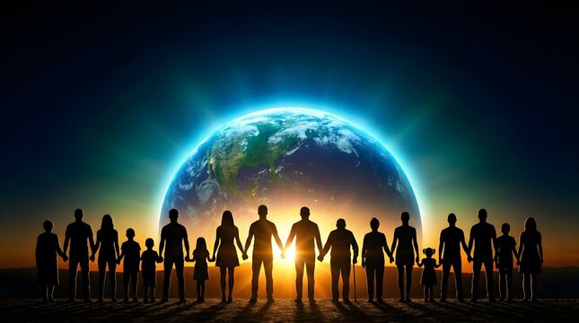 Diverse group of people holding hands around the earth at sunset