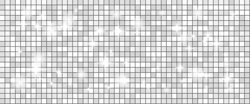 Disco ball with silver sequin and glam white mosaic on grey grid for night party banner. Bright glass tile wall, shiny glitter, plus disco ball shine. Vector pattern template in luxury bg.