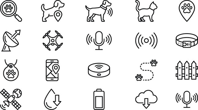 Pet Tracking and GPS Collar Line Icon Set Featuring Dog Cat Navigation Monitoring and Safety Symbols