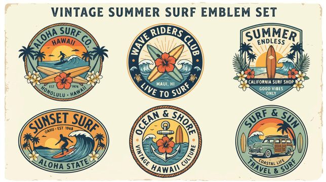 Vintage Summer Surf Emblem Set with Hawaiian Beach and Ocean Themes