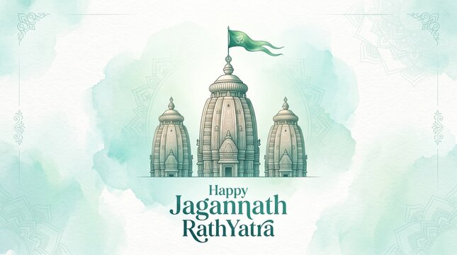 Elegant Jagannath Rathyatra temple illustration with watercolor background and spiritual festival greeting design artwork