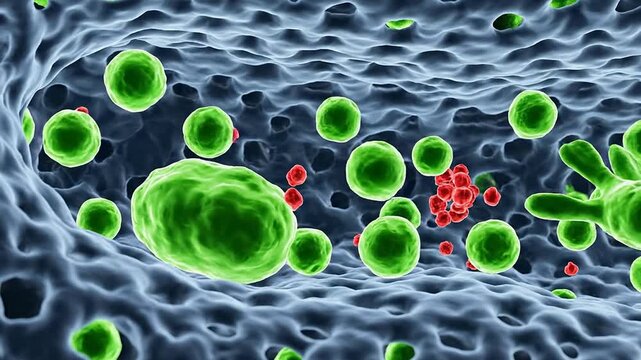 Macro View of Immune Response Inside a Lymph Node with Green and Red Cells Representing Cell Interactions and Structure