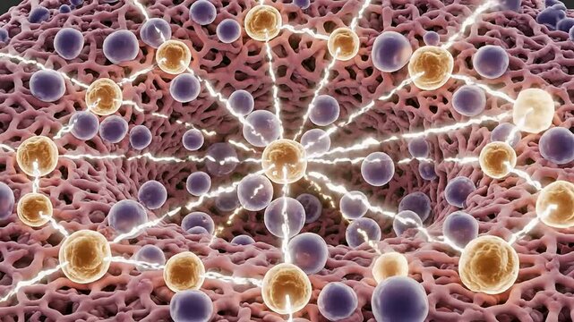 Macro View Of Immune Memory Cells In Lymph Node With Intricate Network Representing Biological Interconnections And Cellular Structures