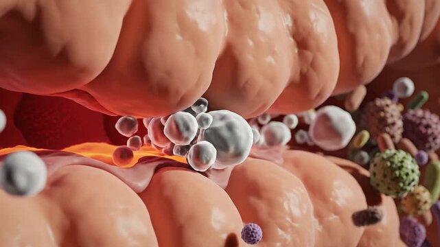 Macro Visualization Of Gut Immune Inflammation Featuring Microorganisms And Immune Cells Inside The Intestines In High-Resolution 4K