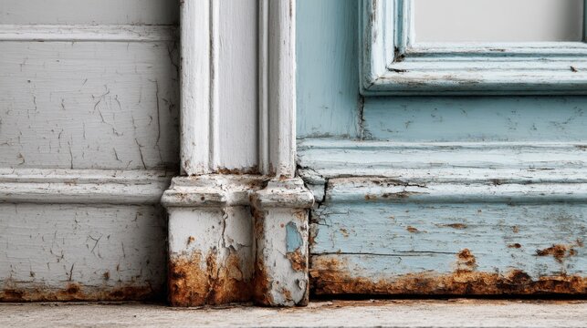 Weathered wooden door frames show peeling paint and decay near the ground.