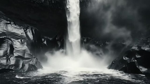 Epic waterfall cascading into dark cave creating stunning mist and fog in dramatic black and white landscape