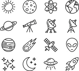 Space Astronomy and Galaxy Exploration Line Icon Set Featuring Rocket Satellite Planet Alien Telescope Symbols © Lipi