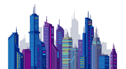 Obraz premium Dynamic modern city skyline vector illustration featuring tall skyscrapers and urban architecture in vibrant blue and purple colors on white background.