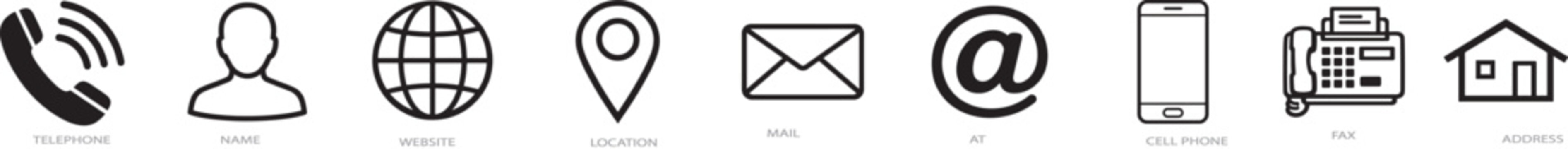 Business card line icon set for contact info, phone, address, email and website details.