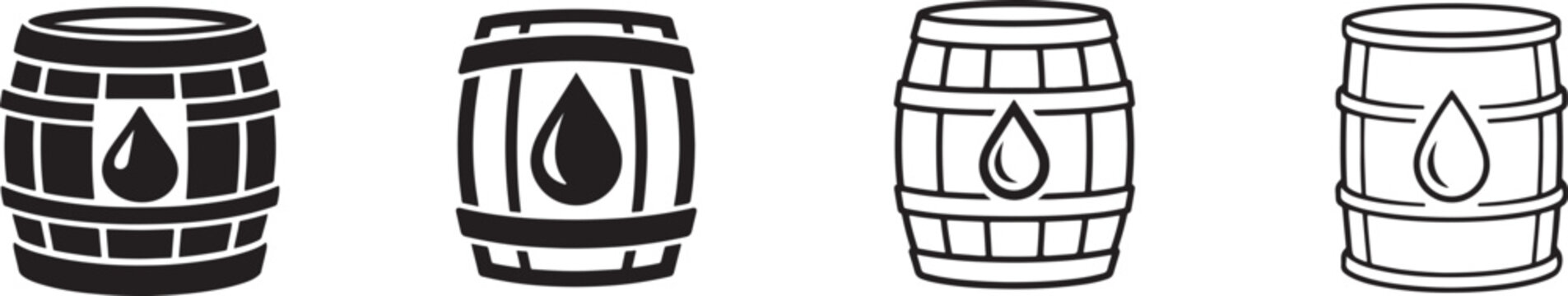 Wooden barrel icon set with drop symbol for oil, drink and storage container concepts.