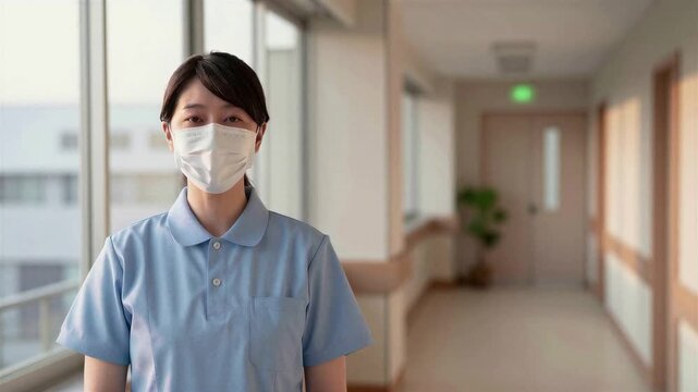Japanese Caregiver Welcoming Dawn During Night Shift in Nursing Home, front view, Copy space on the right, 4K, Seamless loop