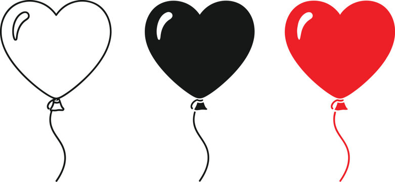 Set of heart shaped balloons in outline black and red colors for romantic celebration design Vector