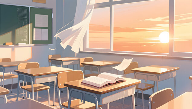 Empty Classroom Desks in Golden Sunset for Graduation Farewell