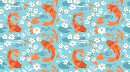 Vibrant koi fish swimming in water with flowers. © Abhinaya Project