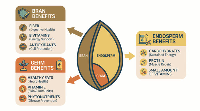 Comprehensive infographic detailing the distinct nutritional advantages and health benefits derived from the bran, germ, and endosperm components of a grain