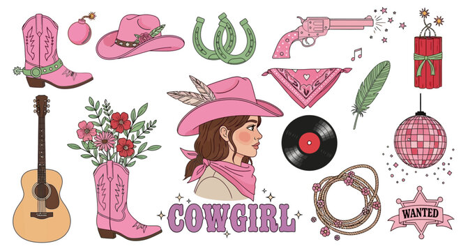 Pink Cowgirl Icons, Western Vector Graphics, Country Music Symbols, Disco Dance Elements, 25 Illustrations