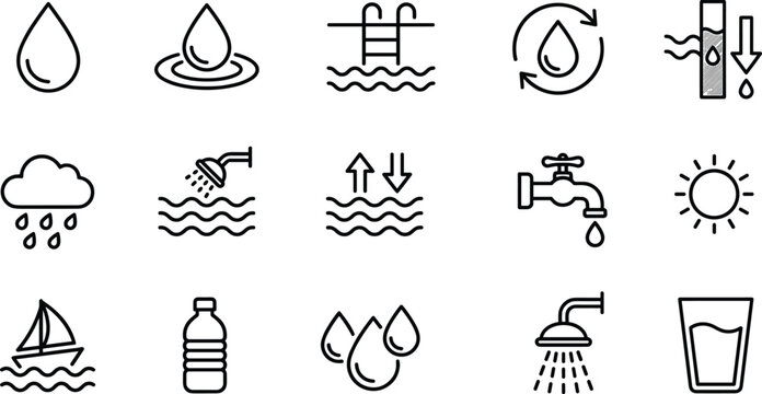 Water Resources and Hydrology Line Icon Set Featuring Purification Supply Environment Weather and Hygiene Symbols
