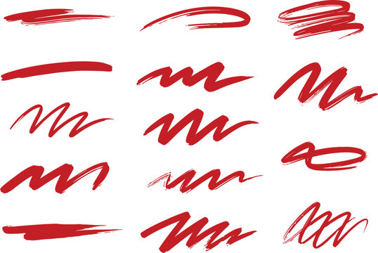 Set of various hand drawn red paint brush strokes and zig zag lines Vector