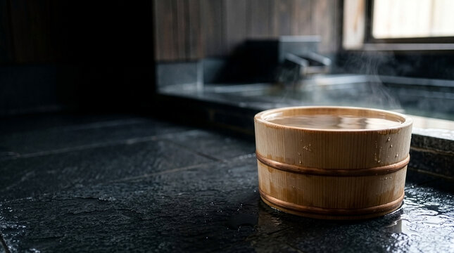 Authentic Japanese Wellness: A Traditional Hinoki Wood Bucket Filled with Steaming Hot Water on Dark Slate