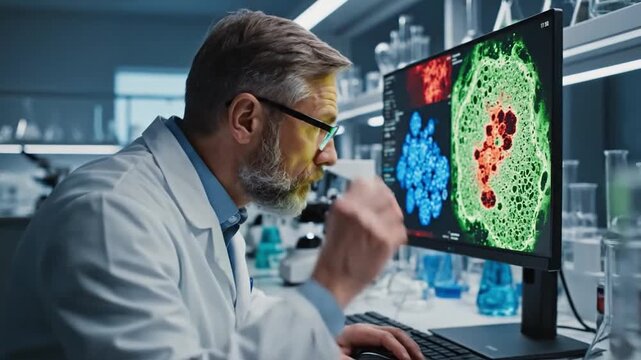 White scientist analyzing vivid cell images on monitor, using microscope and advanced software to study cellular clusters, thoughtful expression with glasses, datadriven visualization and algorithmic