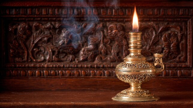 Antique Ornate Brass Oil Lamp with Burning Flame and Smoke