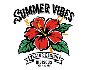 Summer vibes. Tropical vintage design for t shirt print. Hibiscus flower artwork © rahel lila