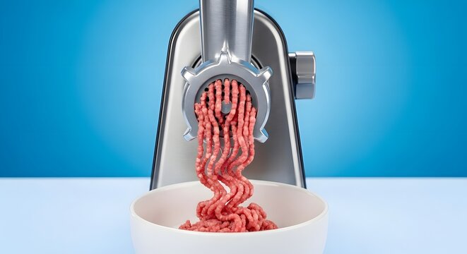 Freshly ground meat emerging from a kitchen appliance into a bowl