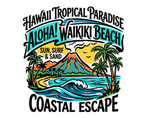 Beach club. Endless summer artwork. Tropical vintage design. Hawaii tropical paradise. Coastal escape print for t shirt.. Hawaii tropical paradise. Al © rahel lila