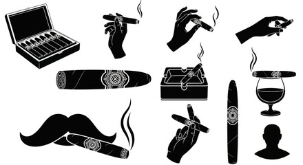 Obraz premium Cigar, smoking, icons, 10 black silhouette graphics, vector illustrations, luxury lifestyle symbols, cigar accessories, smoking tools